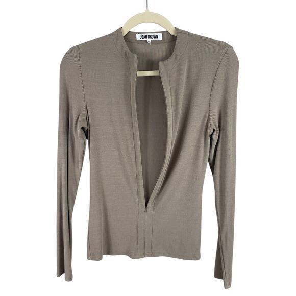 Joah Brown Invisible Zip Long Sleeve Top Ribbed Stretch Taupe Flexrib Size S/M - Picture 8 of 13